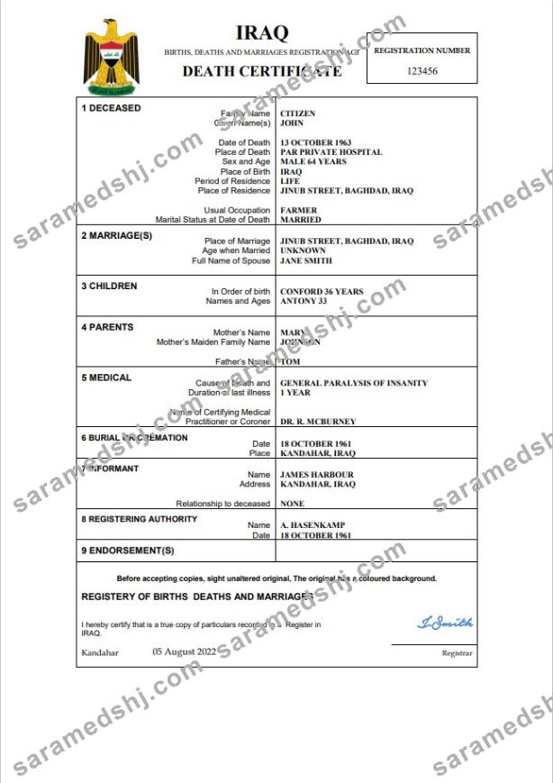 Iraq vital record death certificate Word and PDF template